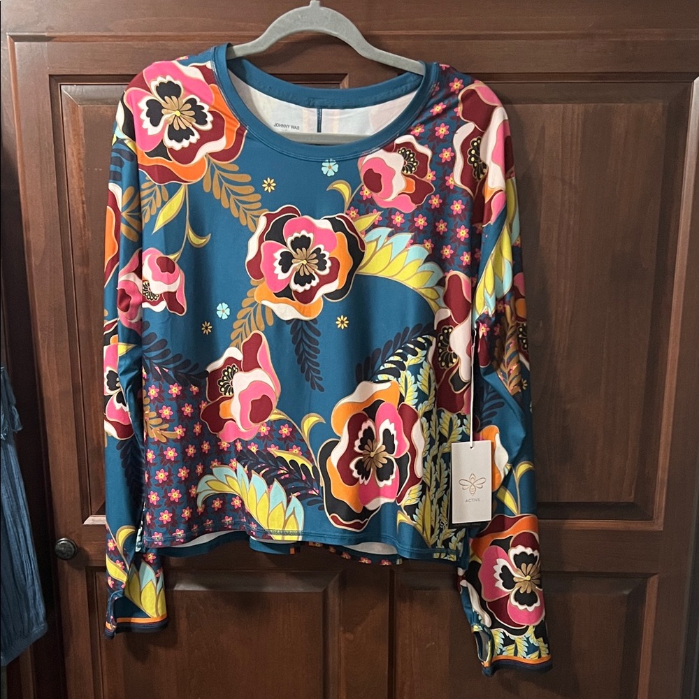 Johnny Was Vibrant Floral Long Sleeve Top - Blue and Red